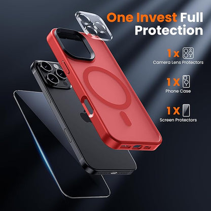 3 in 1 for iPhone 16 Pro Max Case with MagSafe, Screen Protector*1 Camera Lens Protector*1,Skin Feeling Back Military-Grade Protection for iPhone 16 Pro Max Phone Case 6.9 inch Red