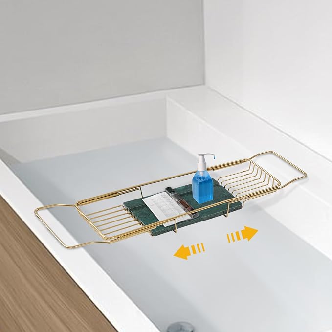 Expandable Bathtub Tray Caddy for Luxury Bath, Extra Wide Acrylic Tub Tray with Natural Marble Board, Waterproof Bath Tub Shelf for Phone, Wine, Book, Tablet Stand - Ideal Home Spa (Gold, Green)