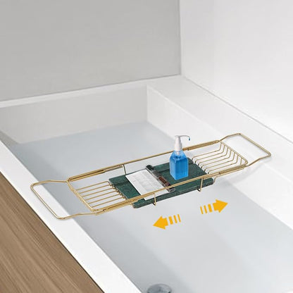 Expandable Bathtub Tray Caddy for Luxury Bath, Extra Wide Acrylic Tub Tray with Natural Marble Board, Waterproof Bath Tub Shelf for Phone, Wine, Book, Tablet Stand - Ideal Home Spa (Gold, Green)