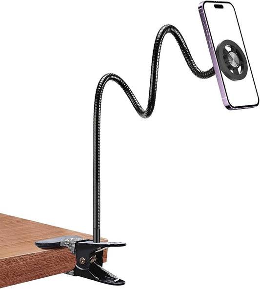 Magnetic Cell Phone Stand Holder for Bed Laying Down, Lazy Bedside Gooseneck Phone Mount with Clamp Clip for Desk, Desk Tripod for iPhone, Compatible with Magsafe All Smartphone