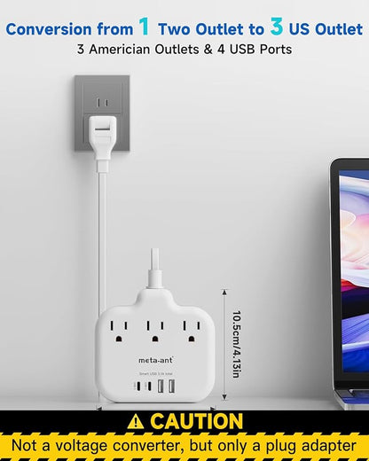 US to Japan Adapter, meta-ant 2 Prong to 3 Prong Outlet Adapter with 3 Outlets & 4 USB(2 USB-C), 5FT Extension Cord, 180 Rotating Flat Plug 1875W, Type A Plug Adapter for USA to Japanese China Canada