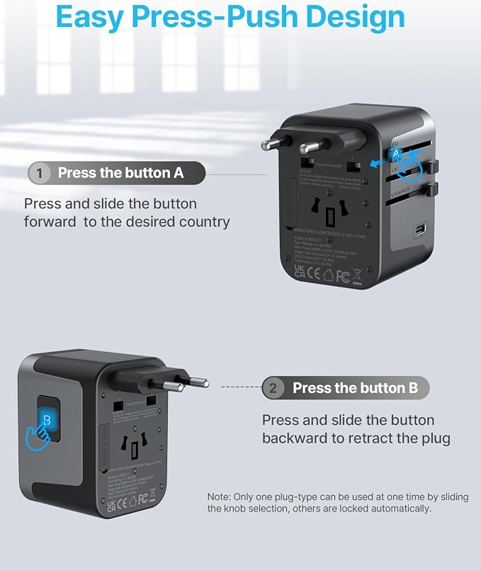 Universal Travel Adapter, VINTAR International Power Adapter with 6A 3 USB C and 2 USB Ports, All in One Travel Essentials Plug Adapter, Worldwide Outlet Converter for Europe UK USA AUS(Type C/G/A/I)