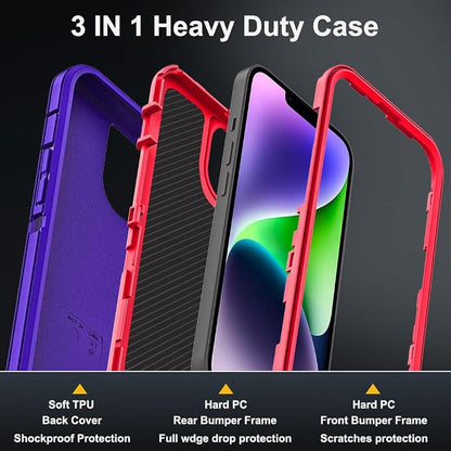 for iPhone 14 Plus Case with 2Pcs Tempered Glass Screen Protector and 1Pcs Camera Lens Protector, Military Grade 3 in 1 Heavy Duty Shockproof/Drop Proof/Dust Proof Case (Purple/Pink)