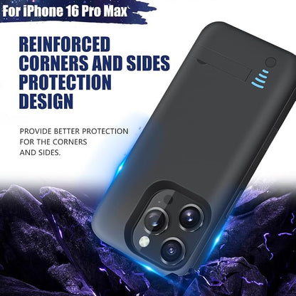 Battery Case for iPhone 16 Pro Max, 6000mAh Rechargeable Extended Battery Charging/Charger Case, Add 100% Extra Juice (6.9 inch) Black