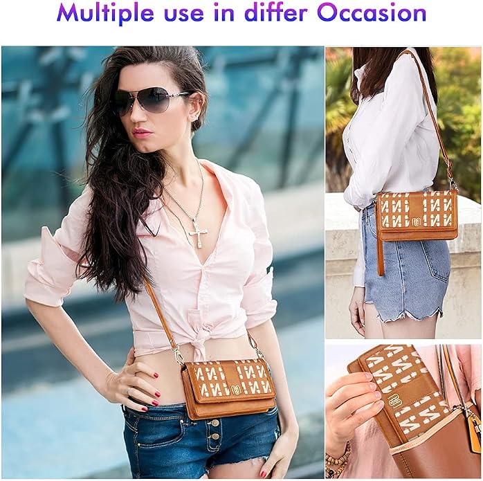 nuoku Women Small Crossbody Bag Cellphone Purse Wallet with RFID Card Slots 2 Straps Wristlet