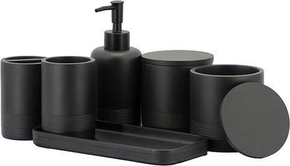 ZCCZ Black Matte Bathroom Accessories Set 6 Pieces - Toothbrush Holder, Lotion Dispenser, Qtip Container, Vanity Tray, Tumbler - Countertop Organizer for Bathrooms - Elegant and Functional Décor Set
