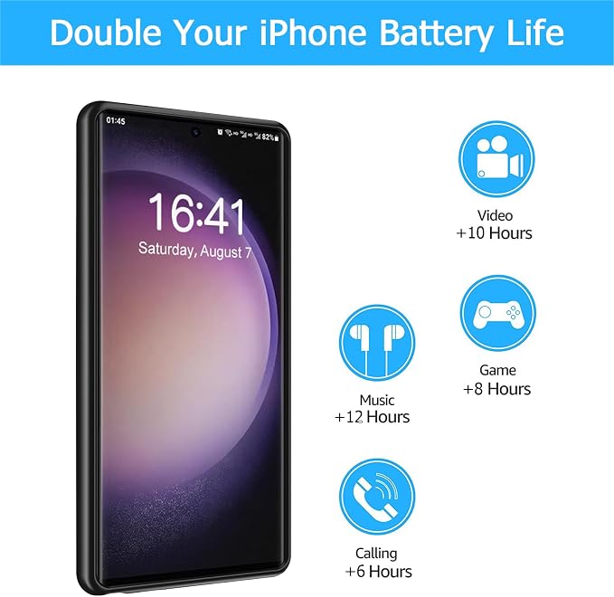 Battery Case for Galaxy S22 Ultra/S23 Ultra, 12000mAh Extended Portable Protective Case Backup Power Bank Wireless Charger Case-Black