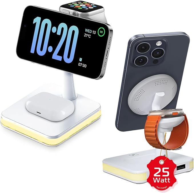 Spracht Flex Charge 4, 4-in-1 Wireless Charging Stand | 25W Fast Charger, Magnetic Connection -Works for Smartphone, Watch, Ear Buds, Qi-Enabled Devices | Nightlight, Magnetic Charging Stand (White)