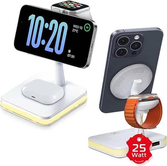 Spracht Flex Charge 4, 4-in-1 Wireless Charging Stand | 25W Fast Charger, Magnetic Connection -Works for Smartphone, Watch, Ear Buds, Qi-Enabled Devices | Nightlight, Magnetic Charging Stand (White)