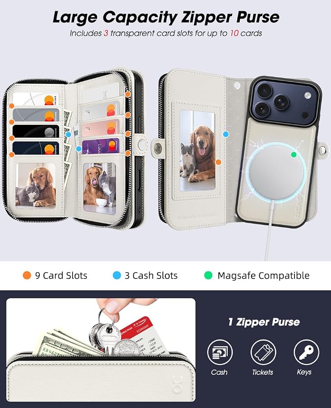 OCASE for iPhone 17 Pro Max Crossbody Detachable Wallet Case, PU Leather Handbag Phone Purse with Zipper Closure, Card Slots & RFID Blocking, Wrist Strap, Lanyard, Kickstand, Cream