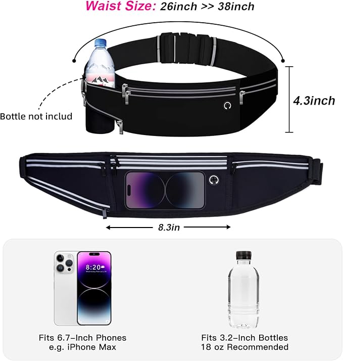 Slim Running Belt for Women Men,Runners Fanny Pack Phone Holder,Money Belt,Running Gear Accessories,with 3 Pockets (Jet Black)