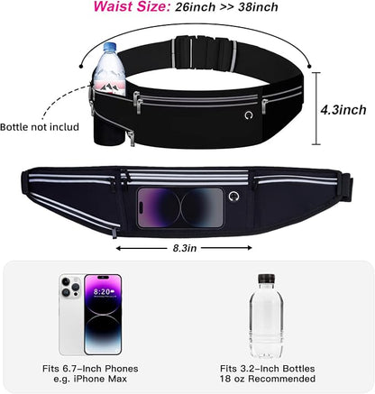 Slim Running Belt for Women Men,Runners Fanny Pack Phone Holder,Money Belt,Running Gear Accessories,with 3 Pockets (Jet Black)