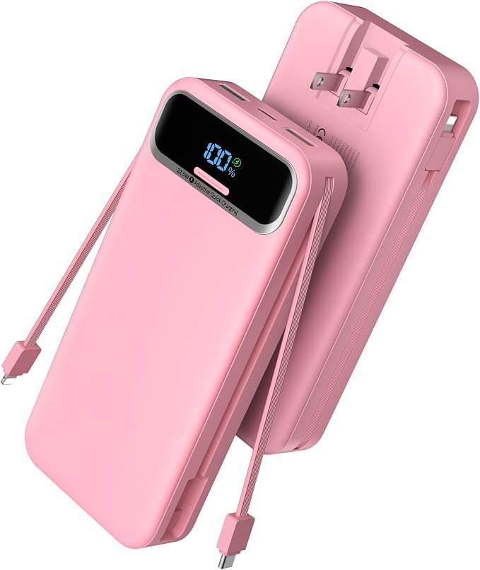 Nusyddy Portable Charger 20000mAh 22.5W w/Built-in Cables & Wall Plug Pink | 22.5W Fast Charging, High Capacity, LED Display, Charge 5 Devices at once, TSA Approved, Compatible with iPhone/iPad/Samsung