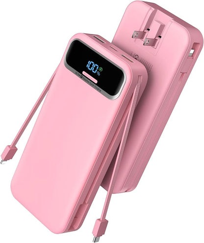 Nusyddy Portable Charger 20000mAh 22.5W w/Built-in Cables & Wall Plug Pink | 22.5W Fast Charging, High Capacity, LED Display, Charge 5 Devices at once, TSA Approved, Compatible with iPhone/iPad/Samsung