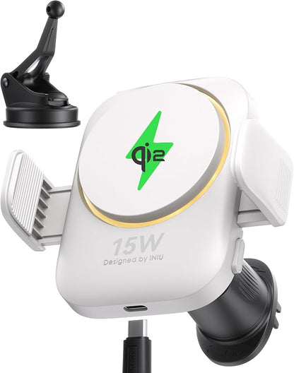 INIU Qi2 Certified 15W Car Phone Holder Wireless Charger, Ultra-Stable 22N for MagSafe Car Mount Charger with Cooling Fins & RGB Lighting Only for iPhone 16/15/14/13/12 Series, White