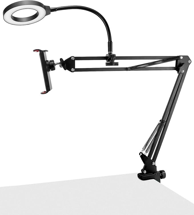 QWORK Overhead Camera Mount, Phone Mount with Ring Light, Flexible Articulating Phone Arm Stand, Phone Holder Stand, Phones Mount Clamp on Desk, for Live Stream, Video Recording and Online Teaching