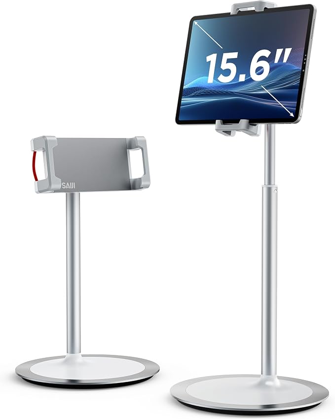 SAIJI Tablet Stand Holder, Extra-Height Adjustable Kindle Stand, 360 Degree Rotating iPad Holder, Aluminum Alloy Cradle Mount Dock for 4.7"-15.6" iPhone, Samsung, Tablets, Portable Monitor (Silver)