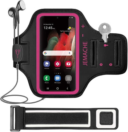 Galaxy S26 S25 Armband, JEMACHE Water Resistant Gym Running Workouts Phone Arm Band for Samsung Galaxy S26 S25 S24 S23 S22 with Card Holder (Rosy)
