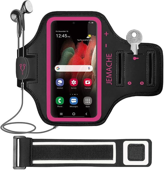Galaxy S26 S25 Armband, JEMACHE Water Resistant Gym Running Workouts Phone Arm Band for Samsung Galaxy S26 S25 S24 S23 S22 with Card Holder (Rosy)