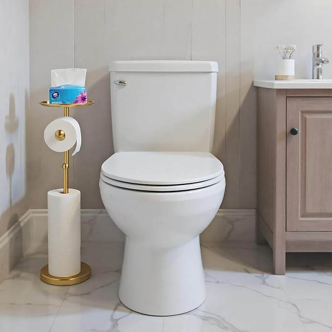 Standing Toilet Paper Holder Gold, TP Holder with 6.7" Phone Shelf, Holds 5 Rolls, Stainless Steel (Gold)