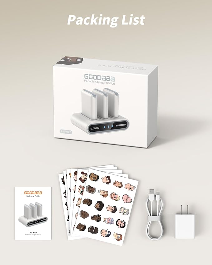 GOODaaa Portable Charger, 3-Pack 10000mAh Slim Power Bank Built in Cables, 3 Outputs 1 Inputs for All Mobile Devices, Charging Station Set Includes 180 DlY Stickers, for Home,Office,Restaurants,Travel