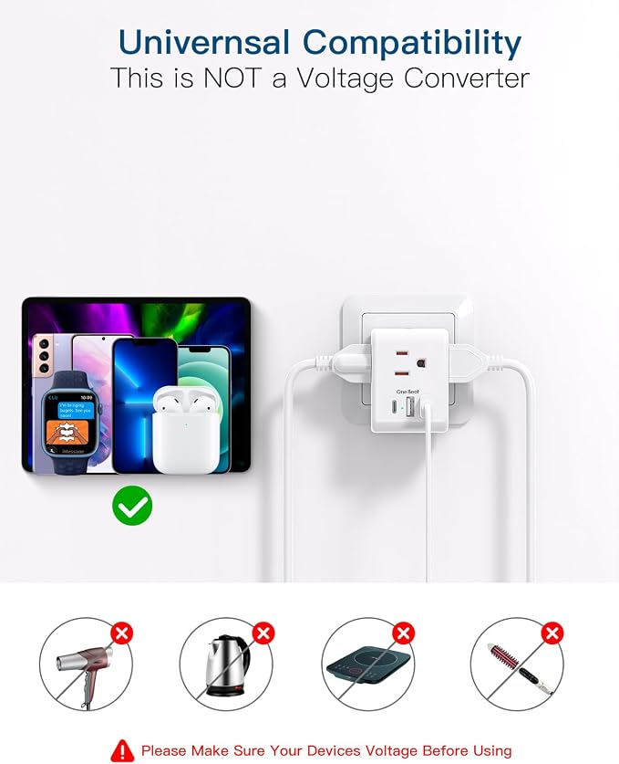 2 Pack Italy Travel Plug Adapter, Type L Italy Power Adapter | 3 Outlets 3 USB Ports(1USB C), 3 Prong Grounded Outlet Adaptor, Travel Plug Converter for USA to Italy Chile Uruguay Italian