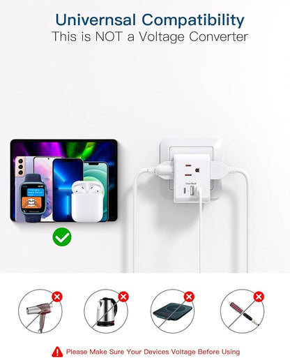 2 Pack Italy Travel Plug Adapter, Type L Italy Power Adapter | 3 Outlets 3 USB Ports(1USB C), 3 Prong Grounded Outlet Adaptor, Travel Plug Converter for USA to Italy Chile Uruguay Italian