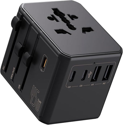 Auxmir Universal Travel Adapter, 45W PD Fast Charging Travel Plug Adapter with 2 USB-A and 3 USB-C Ports，International Adapter for EU, USA, UK, Asia, Worldwide Use, Black