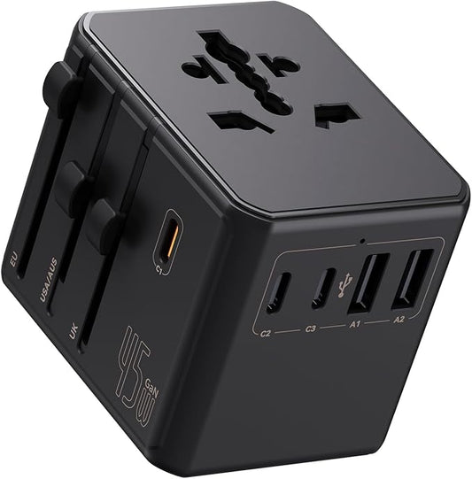 Auxmir Universal Travel Adapter, 45W PD Fast Charging Travel Plug Adapter with 2 USB-A and 3 USB-C Ports，International Adapter for EU, USA, UK, Asia, Worldwide Use, Black