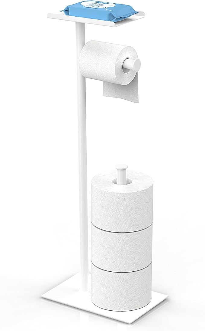 CISILY White Toilet Paper Holder Stand with Phone Shelf, Bathroom Toliet Decor Decoration. Tissue Paper Roll Holder Free Standing Storage, Rv Accessories, Apartment Restroom Household Home Essentials…