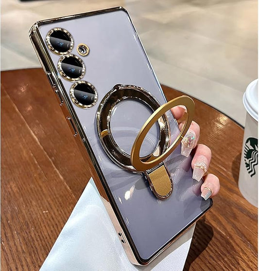 Magnetic Case for Samsung Galaxy S25 Case Stand & Ring Holder Compatible with MagSafe Built-in Camera Lens Protector Shockproof Phone Case for Samsung S25 - Gold