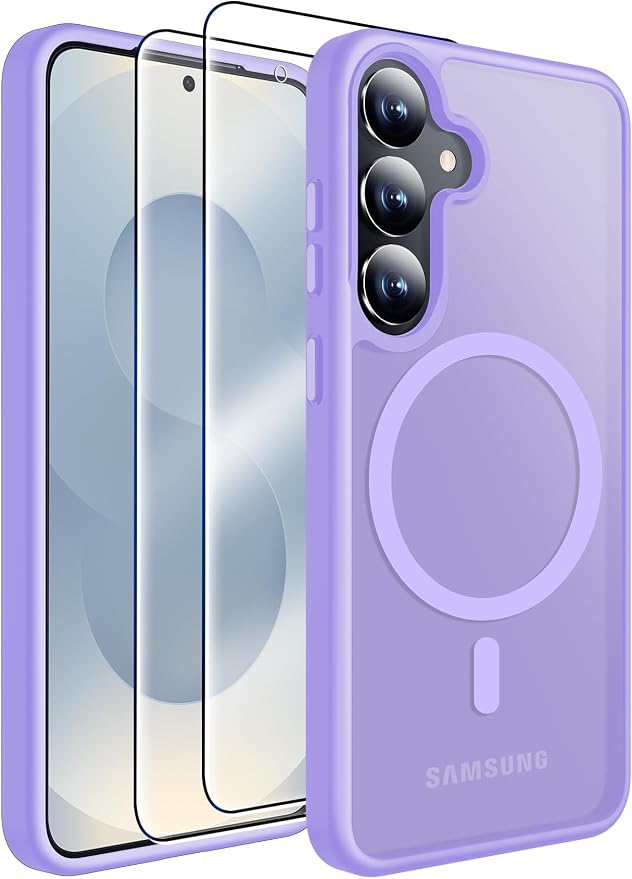 MOZOTER for Samsung Galaxy S25 Case with Magnetic,[Compatible with MagSafe][15Ft Military Dropproof][2*Screen Protector] Translucent Matte Anti-Slip Back Slim Shockproof Case for S25,(Purple)