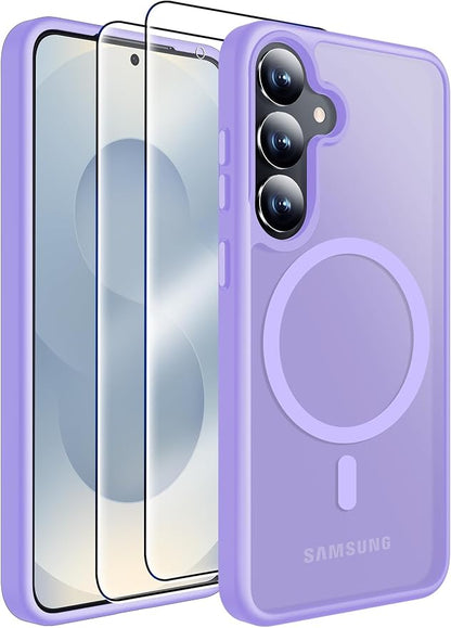 MOZOTER for Samsung Galaxy S25 Case with Magnetic,[Compatible with MagSafe][15Ft Military Dropproof][2*Screen Protector] Translucent Matte Anti-Slip Back Slim Shockproof Case for S25,(Purple)