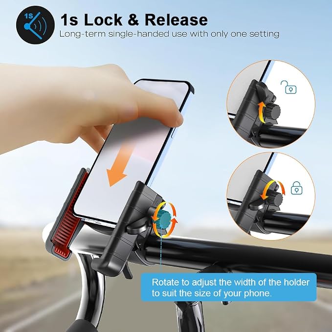 Universal Adjustable Bicycle Phone Holder Compatible with iPhone 15/14/13/12 Pro Max, Samsung Galaxy S23/S22 Ultra, Secure 360° Rotation Cycling Accessories for Road Mountain Bikes