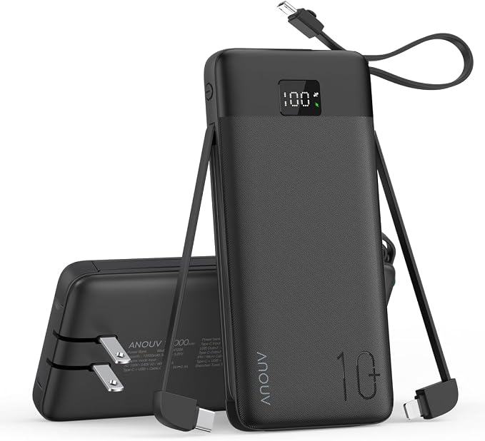 Portable Charger 10000mAh 22.5W PD 3.0+QC 4.0 Super Fast Charging Power Bank with Built-in Cables & AC Wall Plug, Slim External USB C Battery Pack for iPhone 17/16/15/14/13, Android, Samsung, iPad,etc