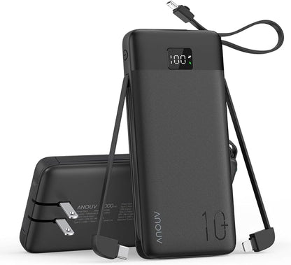 Portable Charger 10000mAh 22.5W PD 3.0+QC 4.0 Super Fast Charging Power Bank with Built-in Cables & AC Wall Plug, Slim External USB C Battery Pack for iPhone 17/16/15/14/13, Android, Samsung, iPad,etc
