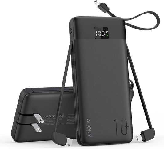 Portable Charger 10000mAh 22.5W PD 3.0+QC 4.0 Super Fast Charging Power Bank with Built-in Cables & AC Wall Plug, Slim External USB C Battery Pack for iPhone 17/16/15/14/13, Android, Samsung, iPad,etc