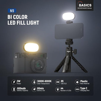 NEEWER Basics Portable Selfie Light, 3W Clip on Phone Small LED Cold Shoe Camera Lighting, 600mAh CRI95 3 Color Modes Dimmable for iPhone iPad Laptop Webcam Zoom Video Conference Recording Vlog, N9