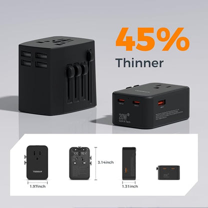TESSAN 20W International Power Adapter, Black | Ultra Slim, 2 USB-C 1 USB-A, US to European UK Spain England New Zealand, Type C G A I