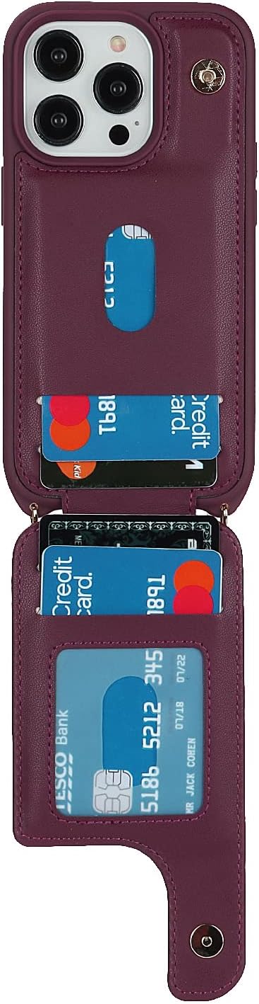 Lipvina for iPhone 14 Pro Case with Card Holder for Women,Phone Case with Strap,Crossbody Lanyard,RFID Blocking,Ring Stand,Snap Clasp,Cute Wallet Case 6.1 inch(Wine Red)