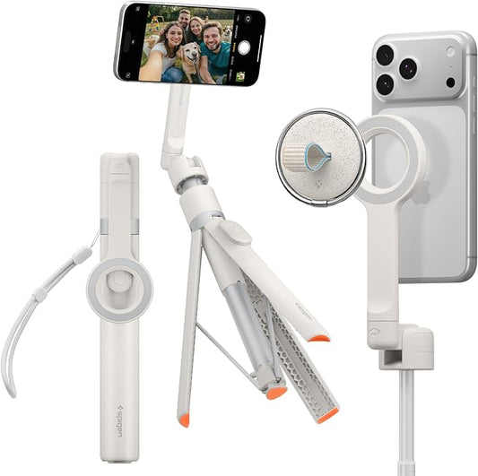 Spigen Selfie Stick Automatic Tripod Stand with Bluetooth Remote Control Shutter 66" Extendable Compatible with MagSafe iPhone 17/16/15/14/13/12 Pixelsnap Pixel 10 Series & More - Dune Beige (S582W)