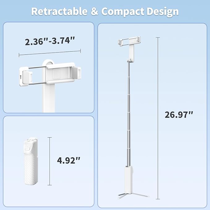 yAyusi Extendable Mini Selfie Stick Tripod with Remote, Pocket Size Portable Tripod for iPhone, Small Compact Phone Selfie Stick Tripods Mount for Travel/Vlog/Video Recording/Live Streaming (White)