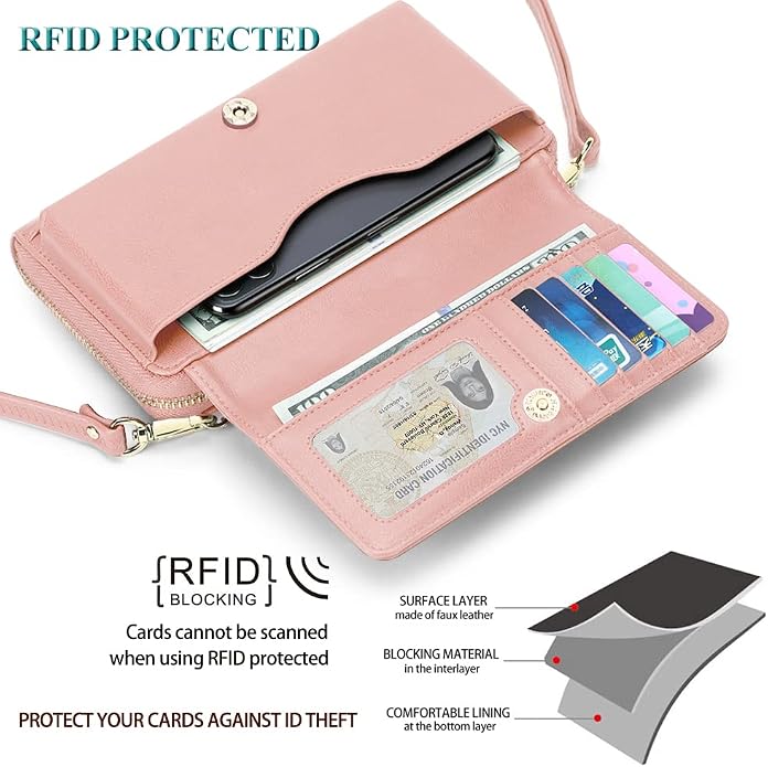 Peacocktion Crossbody Bags for Women RFID Wristlet Wallets Travel Vegan Leather Small Clutch Purses with Phone Pocket Zipper