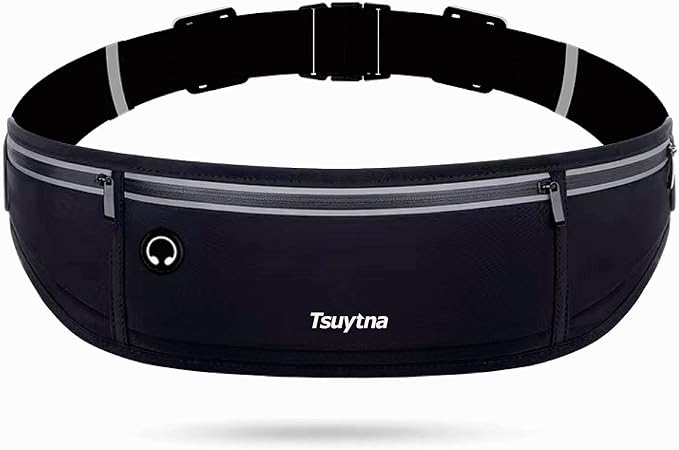 Running Belt for Women & Men - Slim Phone running belt with Water-Resistant Phone Holder, 3 pockets Adjustable Waist Strap, Reflective Safety Design for Running, Hiking, Travel，Fitness(Black)