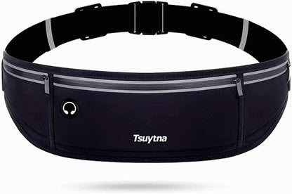 Running Belt for Women & Men - Slim Phone running belt with Water-Resistant Phone Holder, 3 pockets Adjustable Waist Strap, Reflective Safety Design for Running, Hiking, Travel，Fitness(Black)