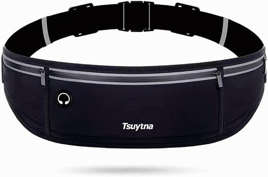 Running Belt for Women & Men - Slim Phone running belt with Water-Resistant Phone Holder, 3 pockets Adjustable Waist Strap, Reflective Safety Design for Running, Hiking, Travel，Fitness(Black)