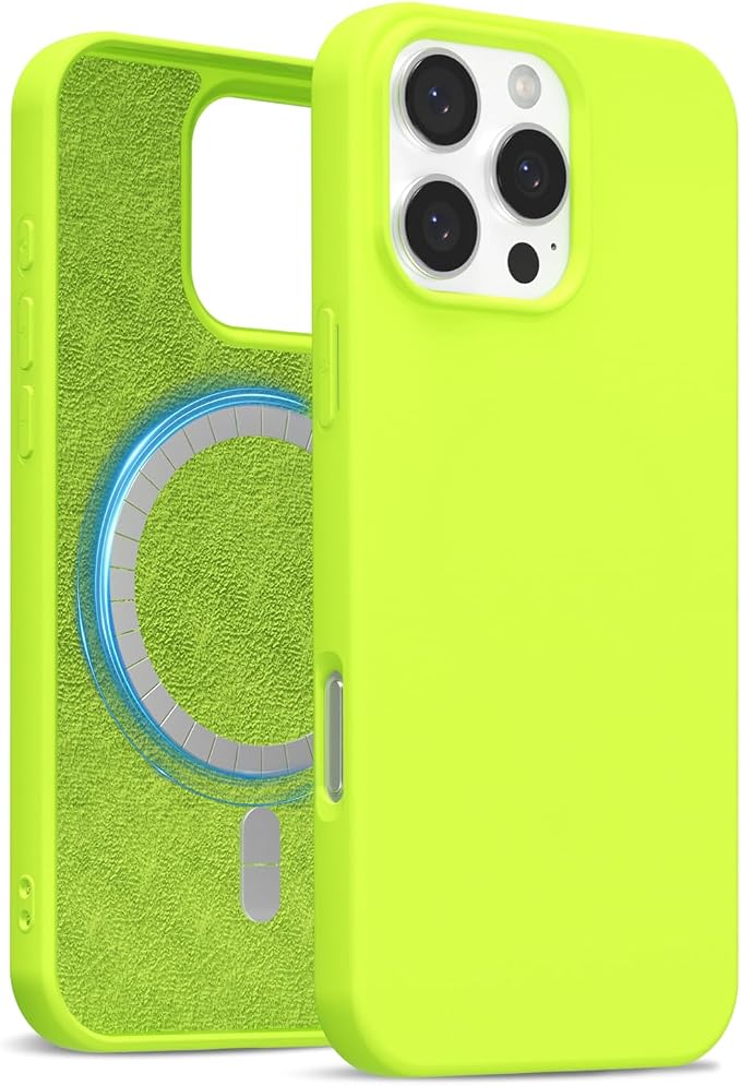 for iPhone 16 Pro Case Silicone Compatible with Magsafe Case, Ultra Slim Thin Magnetic Phone Cases Mag Safe, Cute Soft Rubber Gel TPU Matte Plain Wireless Charging Cover for Women, Neon Green