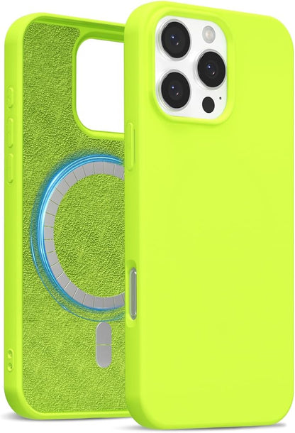 for iPhone 16 Pro Case Silicone Compatible with Magsafe Case, Ultra Slim Thin Magnetic Phone Cases Mag Safe, Cute Soft Rubber Gel TPU Matte Plain Wireless Charging Cover for Women, Neon Green