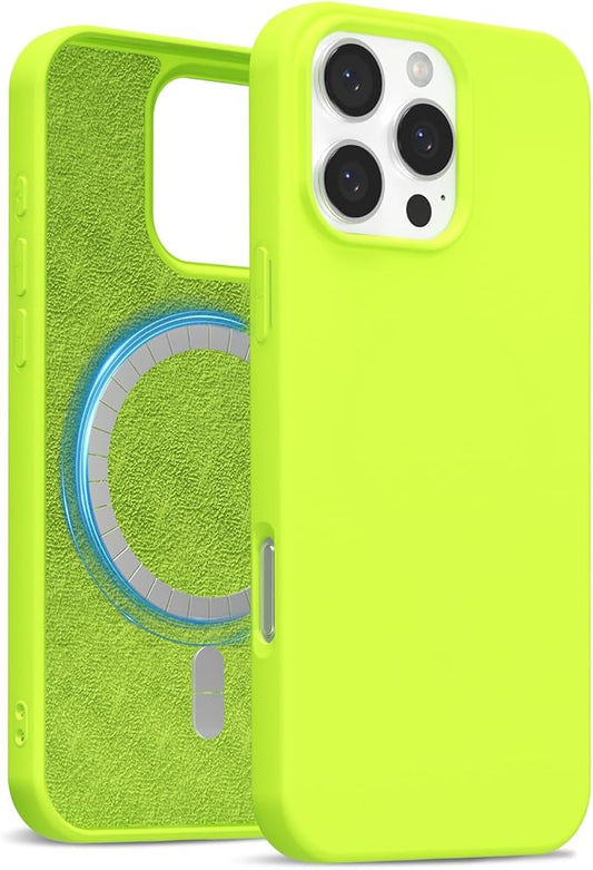 for iPhone 16 Pro Case Silicone Compatible with Magsafe Case, Ultra Slim Thin Magnetic Phone Cases Mag Safe, Cute Soft Rubber Gel TPU Matte Plain Wireless Charging Cover for Women, Neon Green