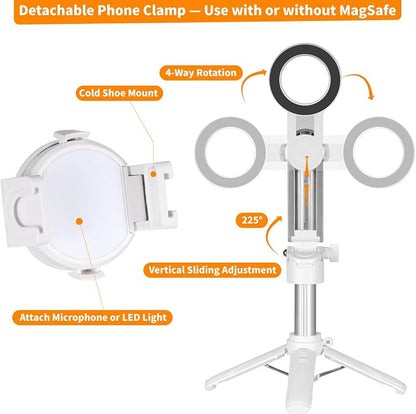 4-in-1 Magnetic Selfie Stick for iPhone/Android - Multifunctional 360° Rotation Extendable Tripod with Detachable Remote, Universal Phone Mount & Metal Ring (Magnetic or Clip Combo)